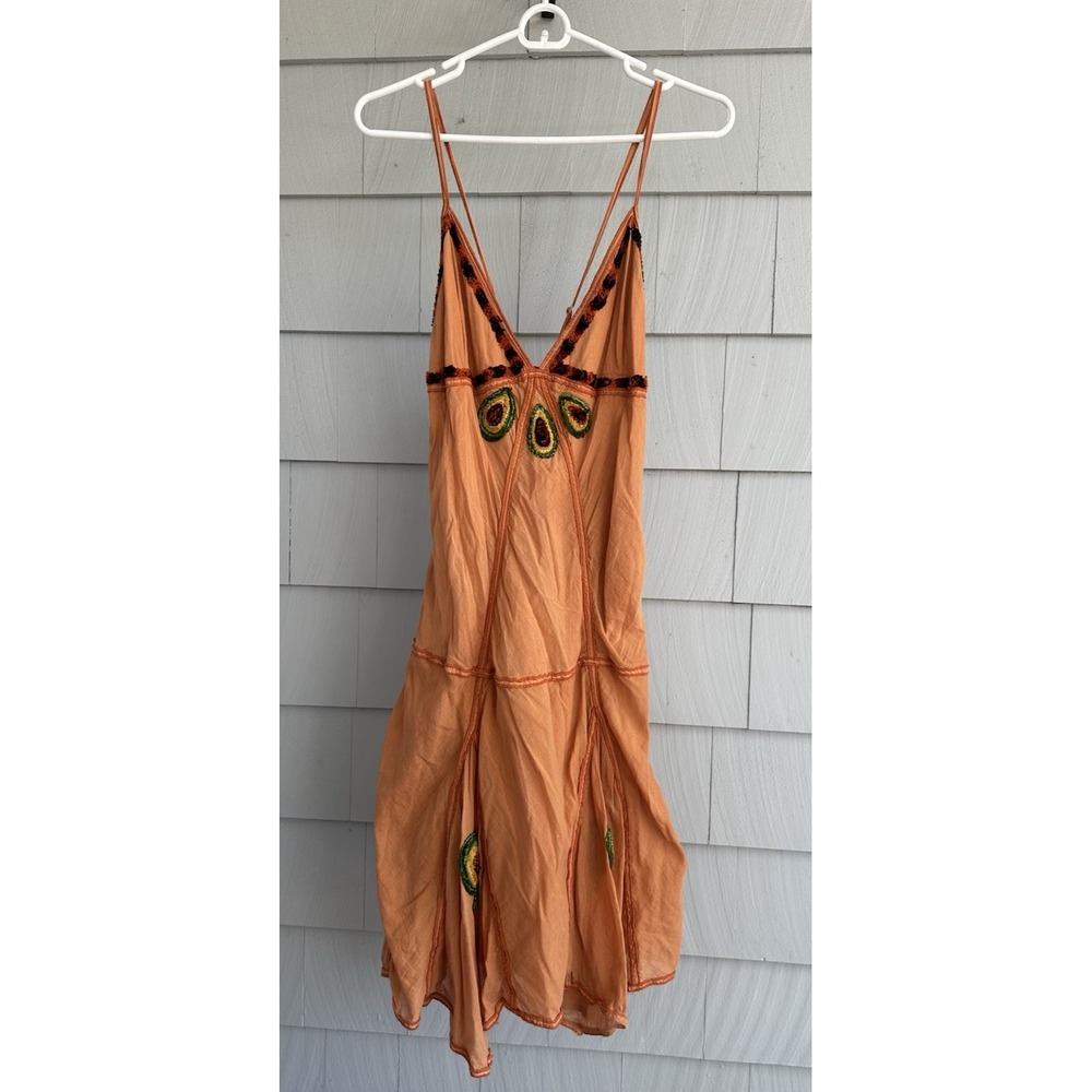 Aoyama Itchome Avocado Embroidered Boho Cotton Dress L 18"‎ P2P 40" Long